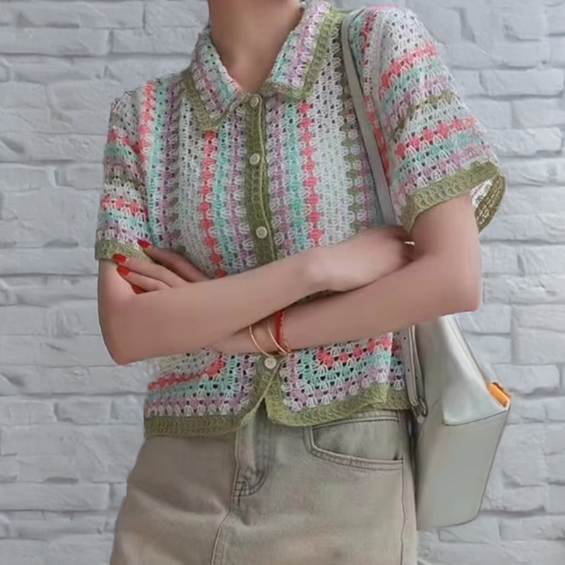 Chemise en crochet boutonnée pour femmes, manches courtes, chemisier coloré, tricot ouvert, cache-maillot, printemps été 2026, style bohème, festival