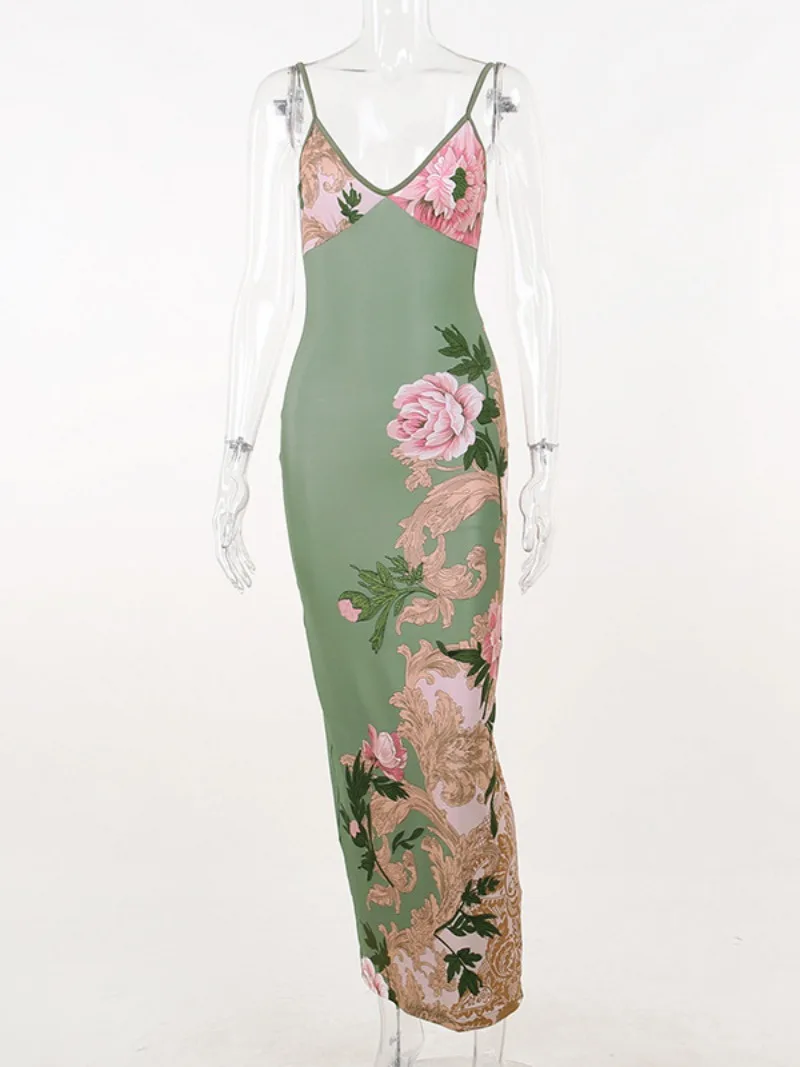 Robe verte d'été à imprimé Floral pour femmes, mode décontractée, sans manches, col en v, dos nu, tunique moulante, robes de plage, de vacances, Streetwear