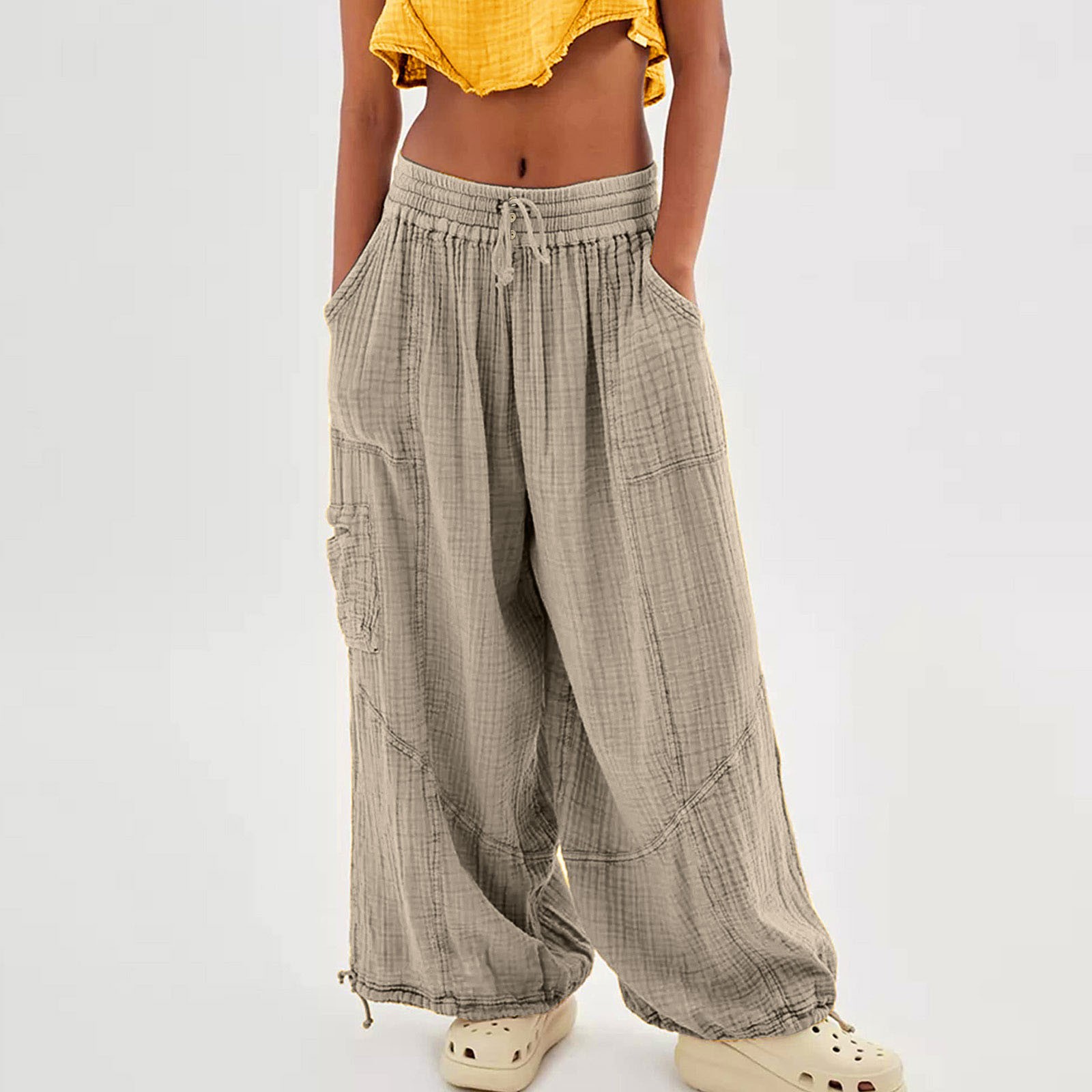 Pantalon de Plage en Lin pour Femme, Sarouel à Jambes Larges, Taille Haute, lèvent de Proximité, Wstring, Grande Taille avec Poche