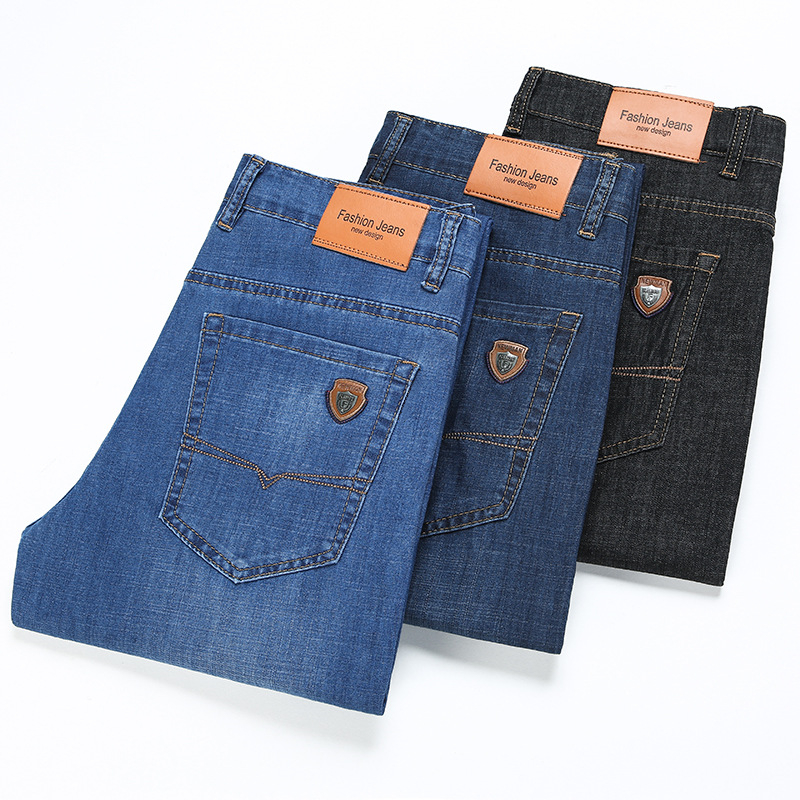Jean stretch homme d'été, coupe droite décontractée, taille haute, style classique, bleu clair et bleu foncé