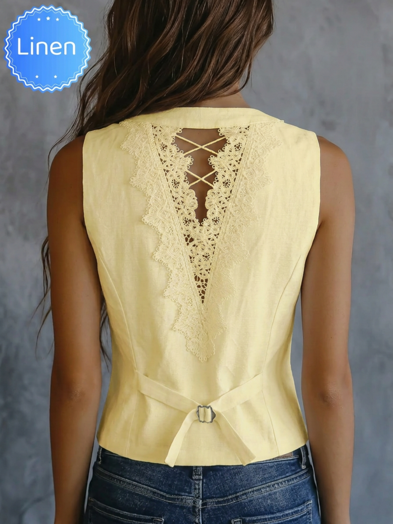 Gilet élégant en lin pour femme, nouvelle collection printemps-été-automne, simple et stylé avec dos en dentelle, sans manches, polyvalent