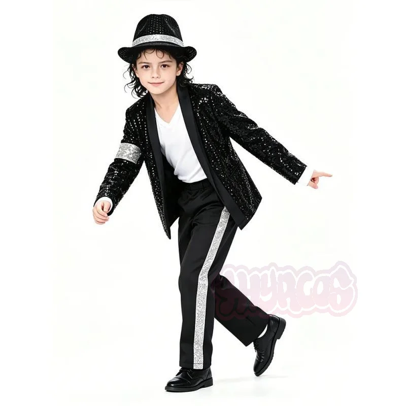 Costume de Michael Jackson pour adolescents, cosplay, danse, costume noir, danse disco, vêtements d'Halloween, tenue de scène scintillante