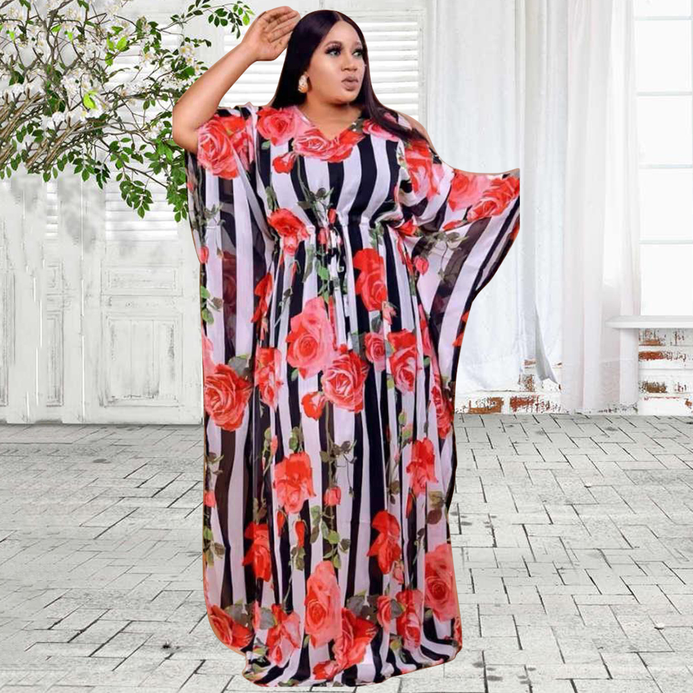 Bobo robes africaines pour femmes col en v à manches longues Maxi Femme robes caftan fleurs imprimer rayure été conception Robe robes