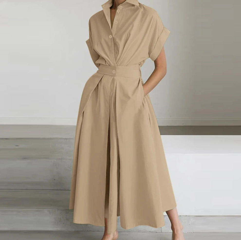 Robe élégante pour femmes, mode été, taille haute, boutons, manches courtes, décontractée, couleur unie, combinaison printemps été, jupe longue