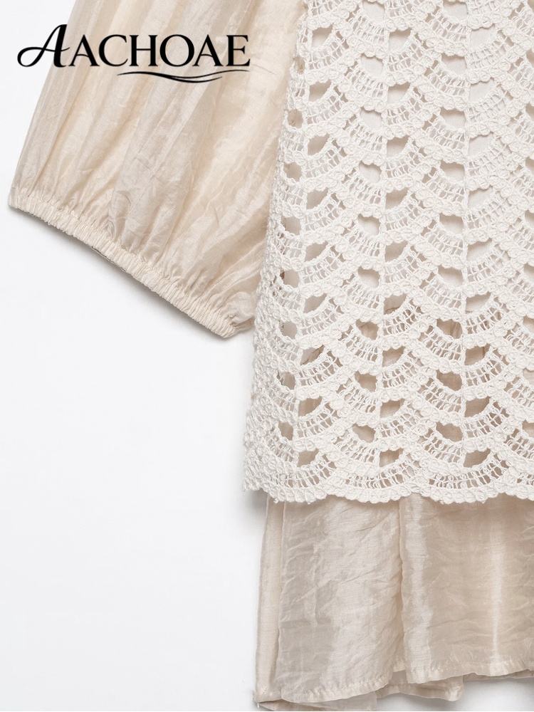 AACHOAE Blouse en dentelle pour femme, style peplum, manches bouffantes, haut en crochet, col rond élégant, ourlet à volants, coupe ample, chemise d'été, haut vintage bohème