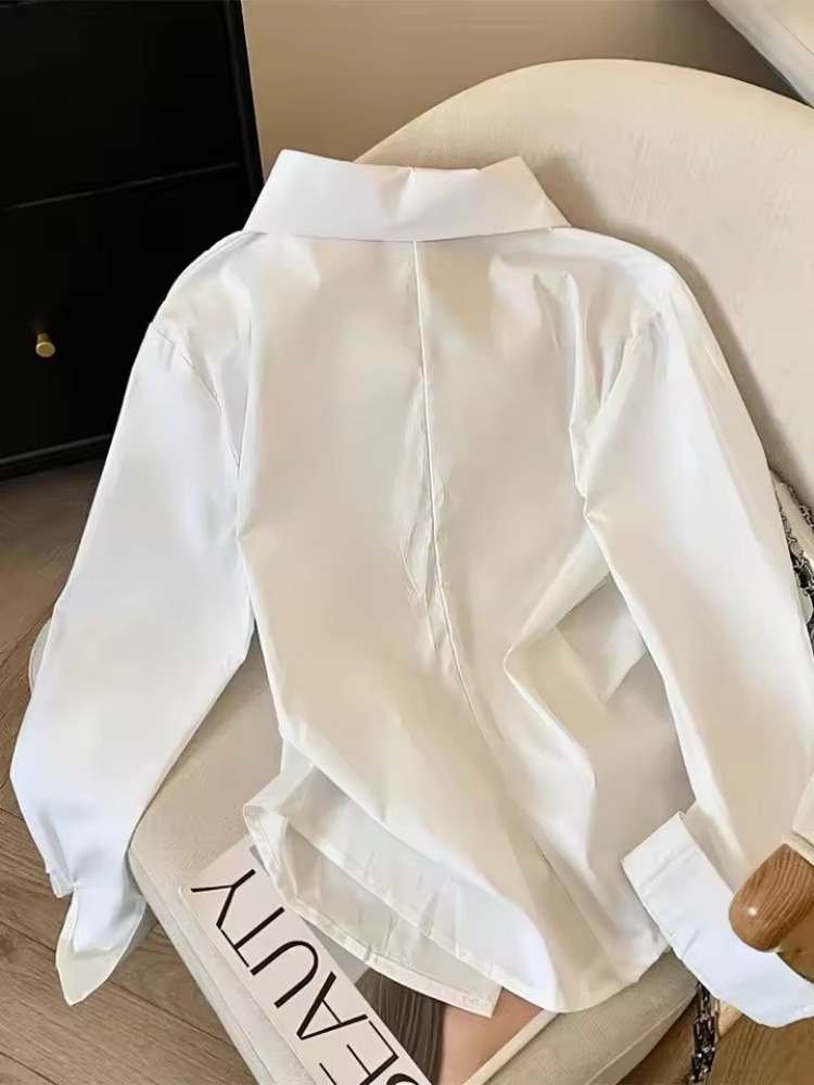Chemise polo chic à manches longues irrégulière pour femmes, haut blanc élégant de base, chemisier, vêtements de travail tendance pour femmes