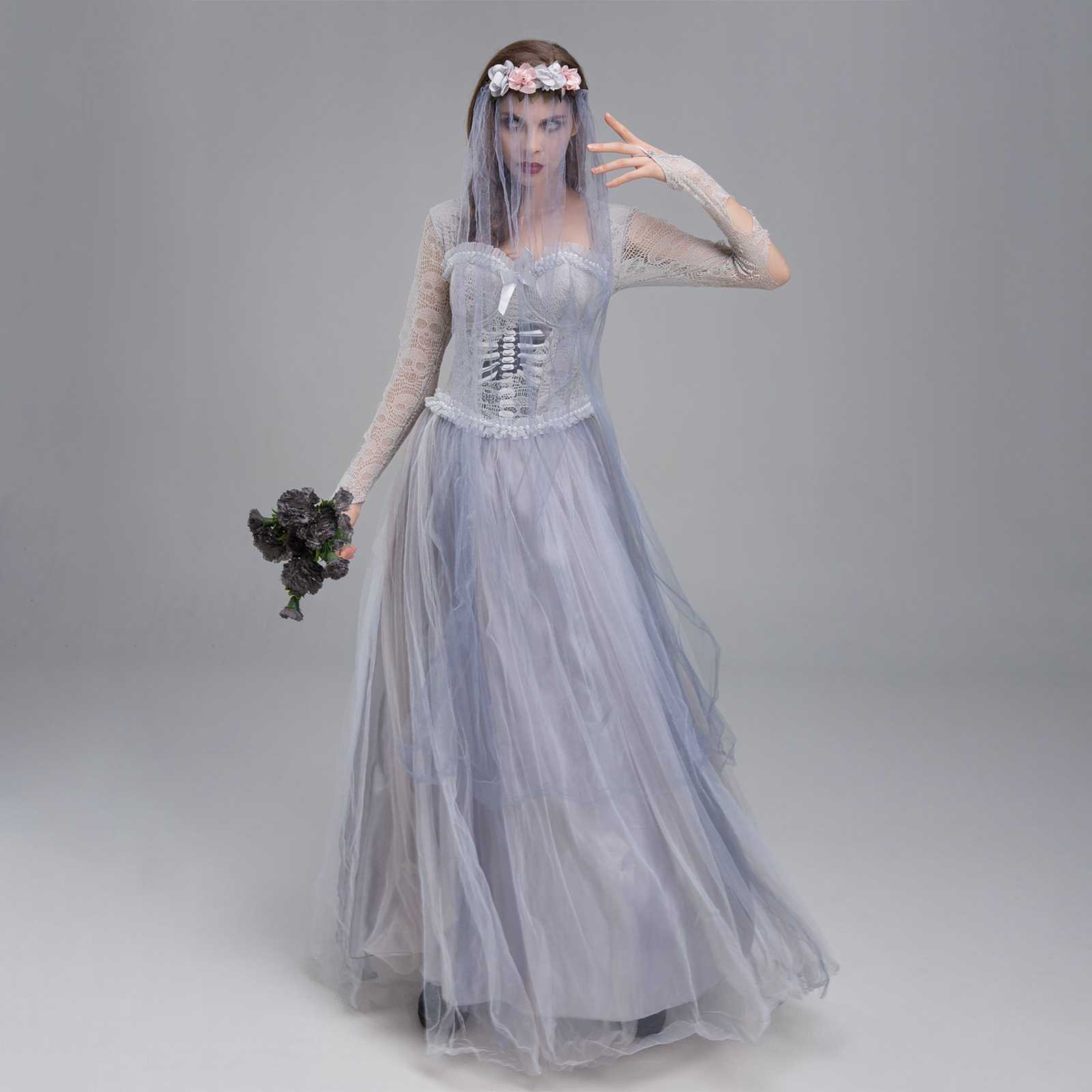 Costume de mariée morte d'halloween pour femmes, robe Corset de mariée fantôme cadavre et voile, ensemble bandeau Floral pour tenues de Cosplay