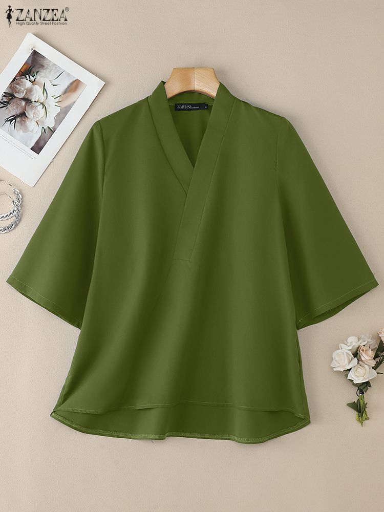 ZANZEA femmes Blouse tendance 2025 été croix col en V demi manches hauts solide ample travail tunique Style chinois Kimono chemises surdimensionnées