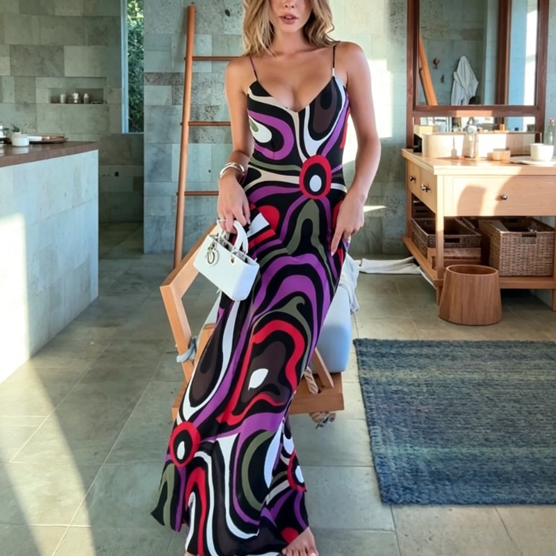 Robe longue en satin à imprimé abstrait vintage, sexy, décolleté en V profond, bretelles spaghetti, dos nu, moulante, longueur ras du sol, pour les vacances