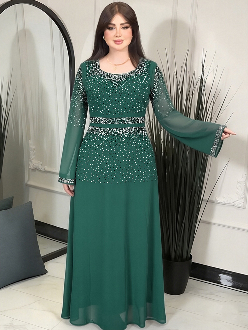 Robe élégante en mousseline de soie pour femme 2026, robe de soirée de luxe à manches longues ornée de diamants, robe de mariée, caftan musulman Abaya pour Ramadan, Dubaï