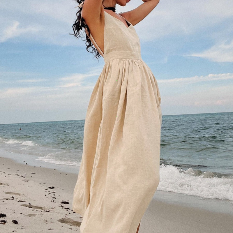 Robe Femme Style Plage Vintage Ample Coupe A-line à Bretelles 2026 Printemps-Été Sexy Hot Girl 100% Coton Col en V