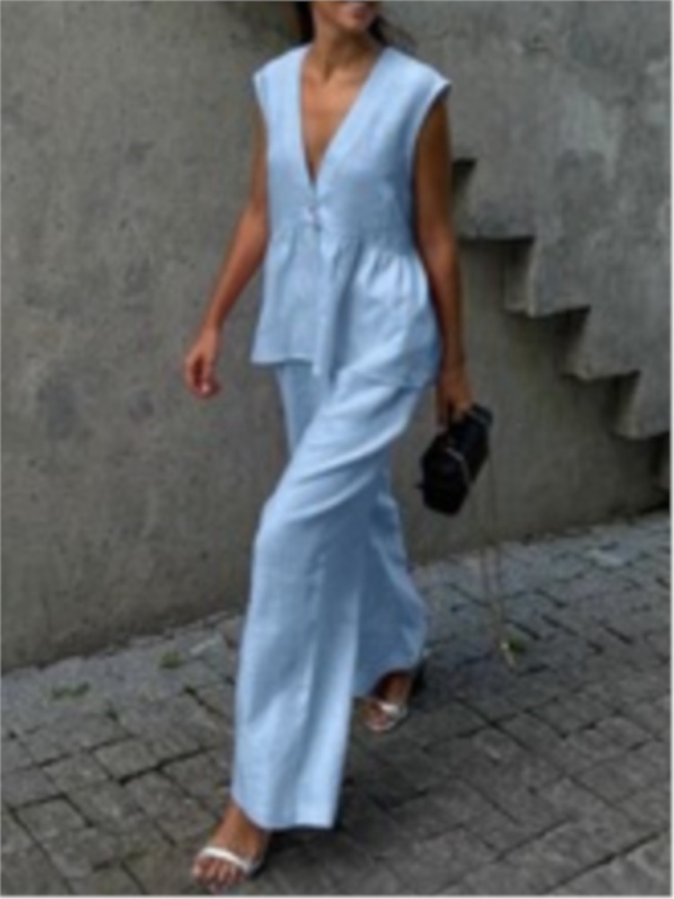 Ensemble deux pièces pour femmes, col en v, haut sans manches, gilet, pantalon à jambes larges, Simple, couleur unie, tempérament élégant, ensemble de transport, été