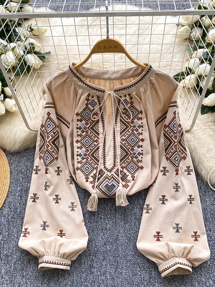 Femmes automne Blouse ample artistique rétro industrie lourde broderie nœud col rond lanterne manches chemise décontracté polyvalent haut BL270