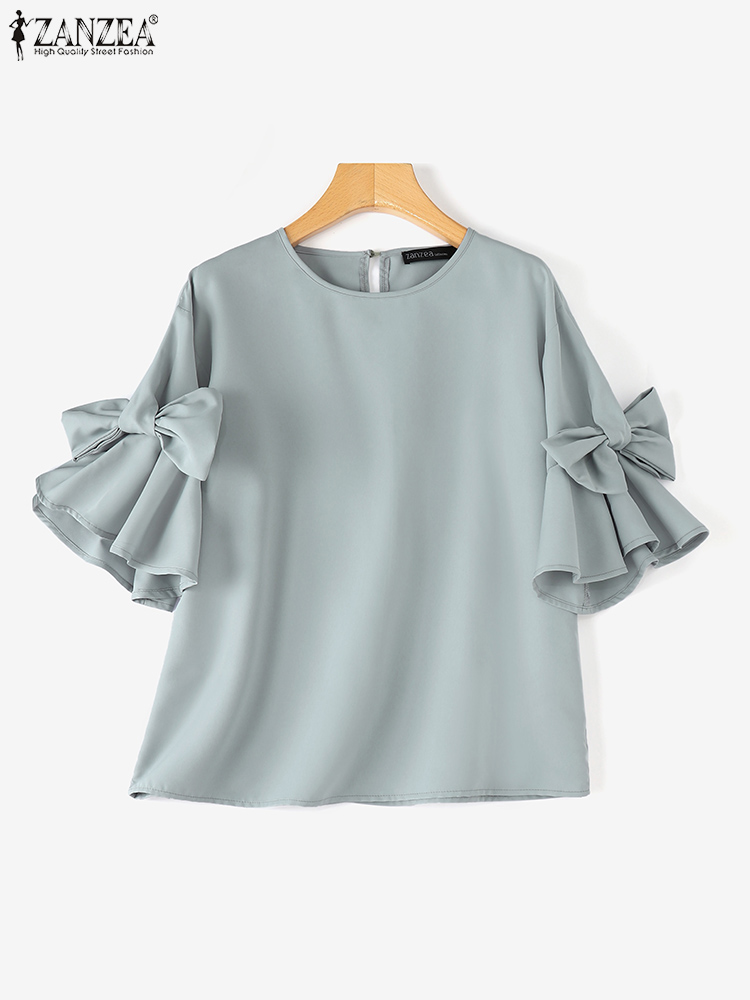ZANZEA femmes coréen volants en mousseline de soie Blouse automne élégant lanterne à manches courtes hauts printemps chemise Vintage nœud papillon Patchwork tunique