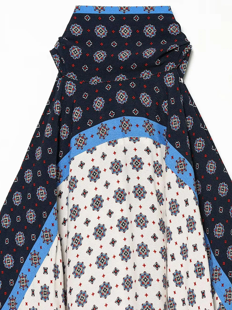 Haut d'été pour femme à col licou imprimé foulard, motif géométrique positionné, sans manches, ourlet asymétrique, dos à nouer, style bohème