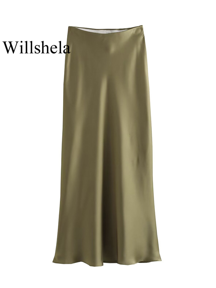 Willshela femmes mode Satin solide plissé jupe Midi Vintage taille mi élastique femme Chic dame jupes