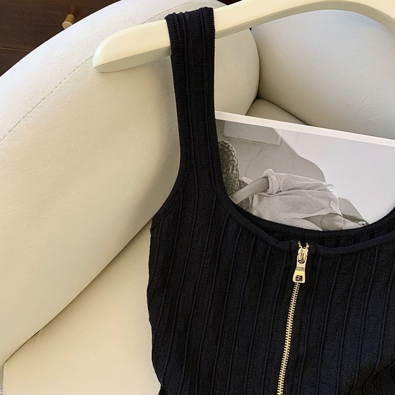 Nouveau débardeur noir sans manches en maille tricotée, style coréen, polyvalent, coupe ajustée, avec fermeture éclair, pour femme, été 2026