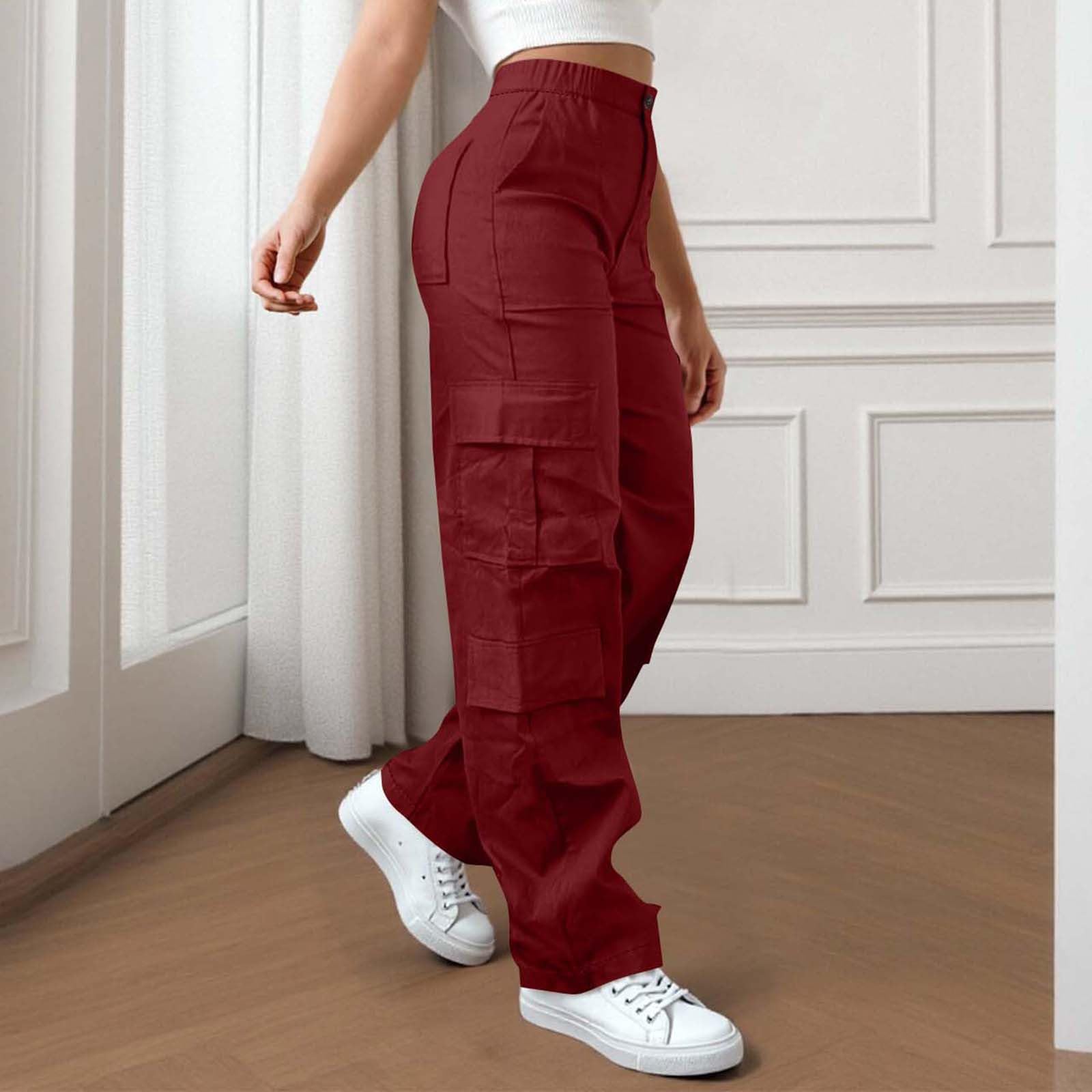 Pantalon Cargo décontracté pour femmes, taille élastique, jambe droite, avec boutons, poches zippées, vêtements de travail de randonnée en plein air, couleur unie