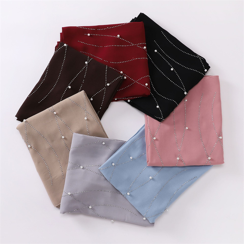 Châle en mousseline de soie avec perles et strass, écharpe de haute qualité, perles scintillantes, bandeau enveloppant, Hijab musulman