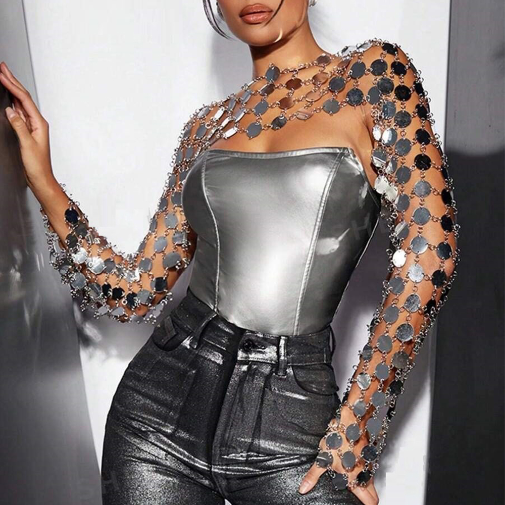 Haut à manches longues avec décor à paillettes pour femmes, haut métallique solide, magnifique festival de musique, club, fête, date, nuit, Rotterdam, kly Cover-Up