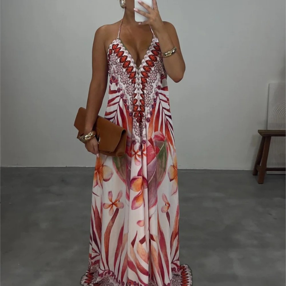 Robe longue décontractée et élégante, style bohème, imprimé, col halter, dos nu, col en V, sans manches, taille mi-haute
