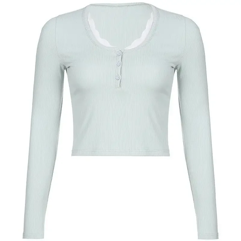 T-shirts à manches longues pour femmes, Slim, boutons en dentelle, Kawaii, Y2k, hauts décontractés, pulls, nouvelle collection printemps 2024