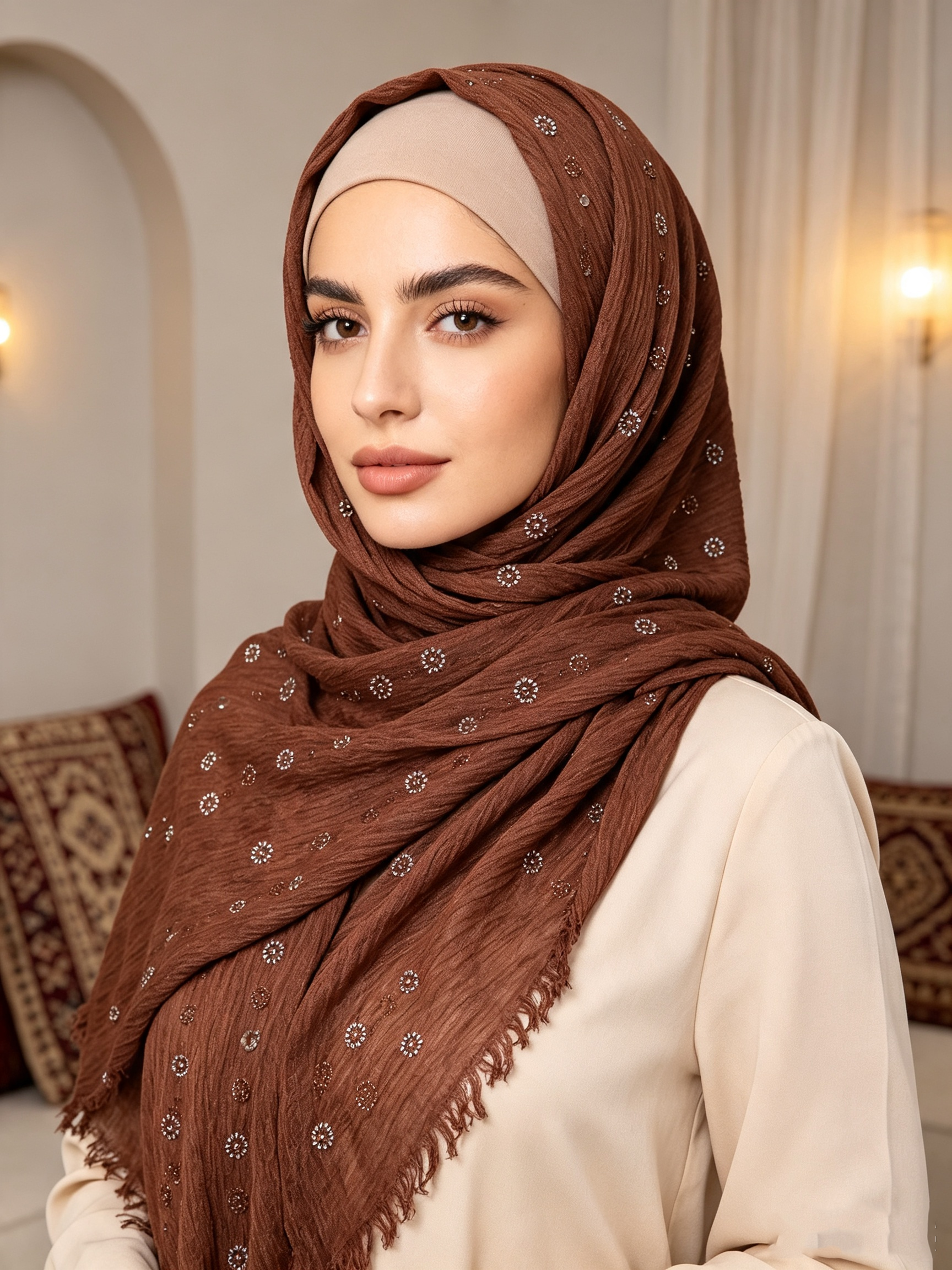 Hijab à texture froissée, écharpe à strass motif tournesol, foulard à franges et pompons, châle doux pour femmes musulmanes, pour usage quotidien.