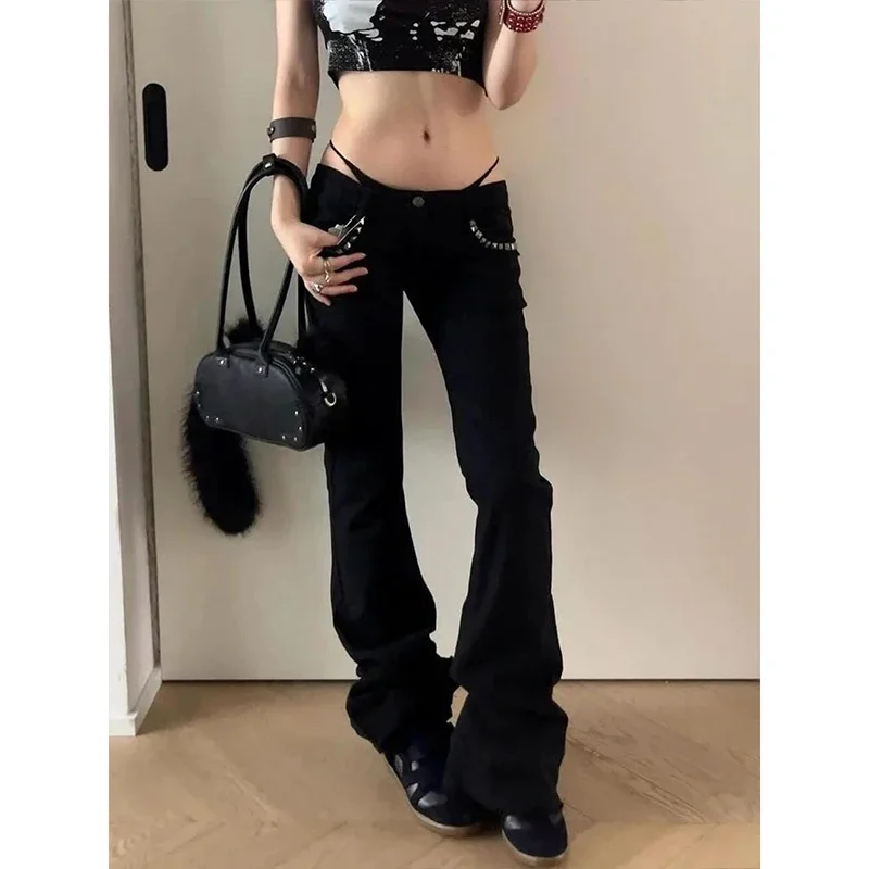 Jean évasé noir taille basse pour femme, style Gyaru, rétro américain, cyberpunk coréen, coupe trompette, Y2K, skinny, patte d'éléphant, nouveauté