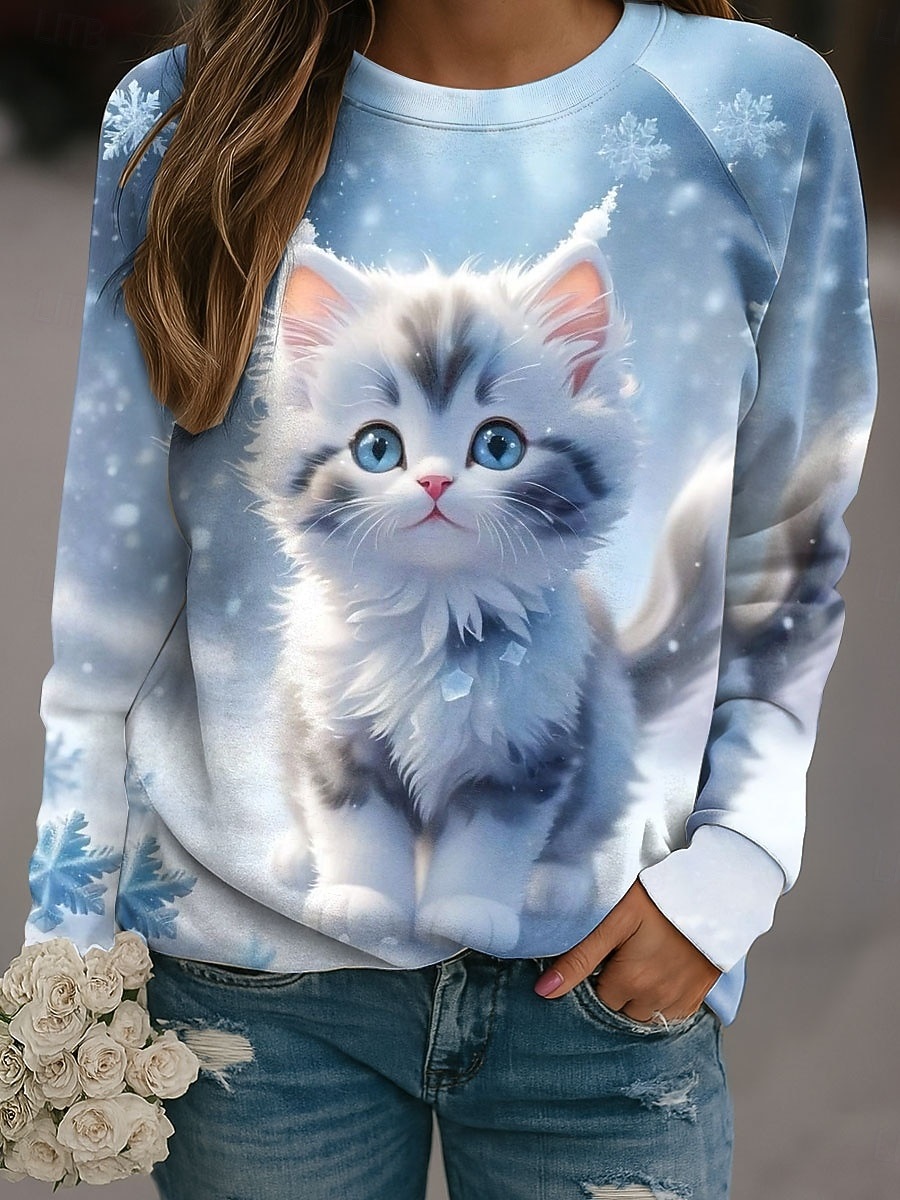 Sweat-shirt à manches longues et col rond pour femme, vêtement d'automne avec image de chat mignon, imprimé Animal en 3D, Y2k, Harajuku