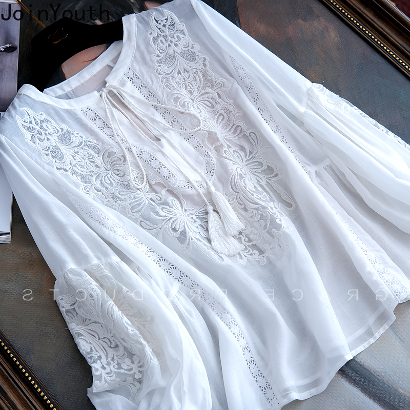Blusas Mujer De Moda 2025 été Blouses élégantes vêtements pour femmes broderie lanterne manches chemises ample dentelle hauts blancs Femme