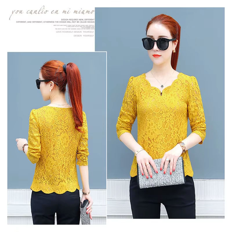 Tops et blusas coréennes pour femmes, printemps-automne, robes amples à manches longues, chemises jaunes en dentelle pour femmes