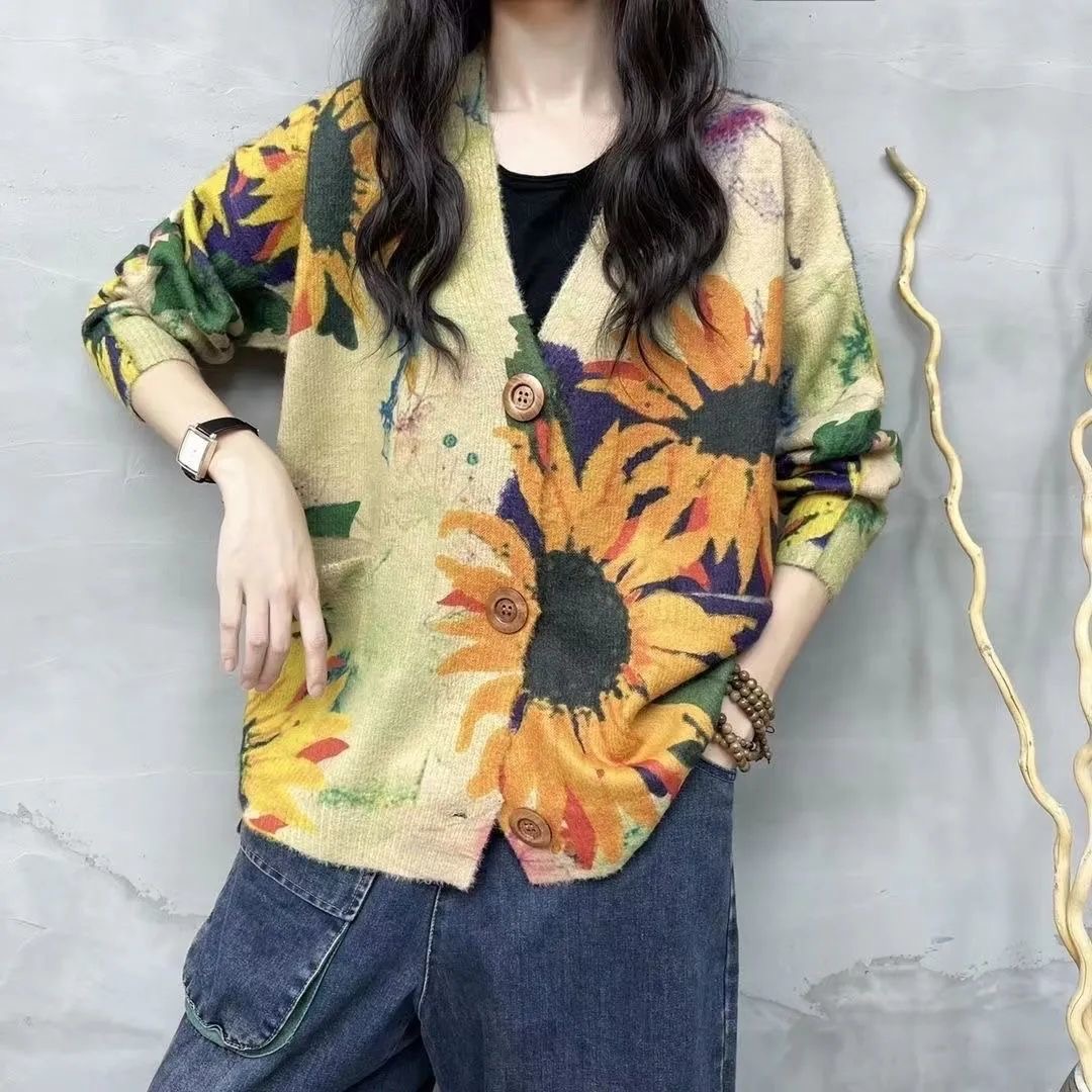 Cardigan imprimé pour femme, pull tricoté, mode coréenne, hauts à manches longues, col en V, ample, automne printemps