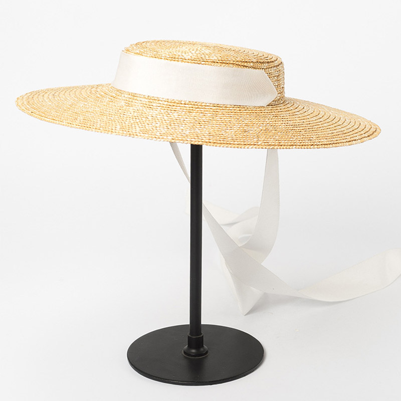 Chapeau de plaisancier à large bord 10cm 15cm, chapeau de paille plat pour femmes, chapeau d'été Kentucky Derby, blanc, noir, cravate avec ruban, chapeau de soleil, casquette de plage