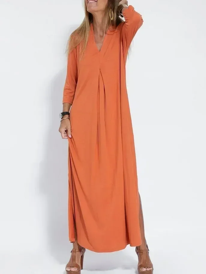 Robe longue élégante à col en V pour femmes, robe confortable à manches longues, tenue décontractée féminine, style confortable avec la mode, printemps, 03