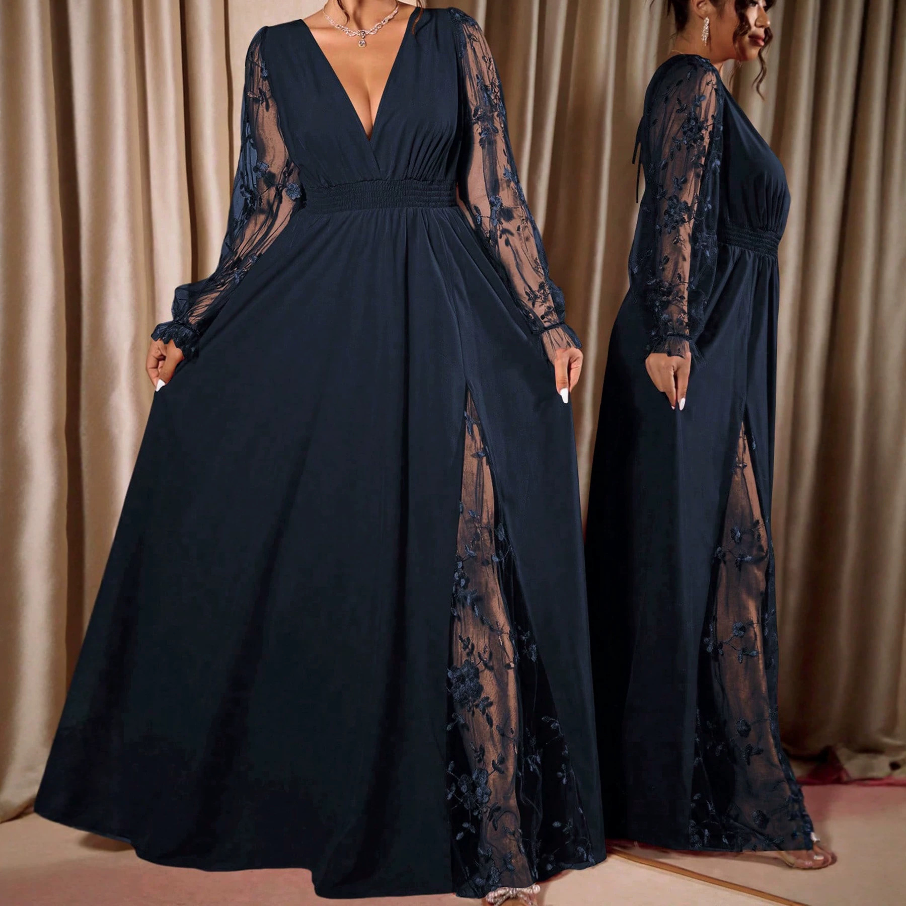Robes pour femmes grandes tailles L-4XL, robes en dentelle à manches longues, style streetwear décontracté, 3XL 4XL, robe longue maxi grande taille, surdimensionnée