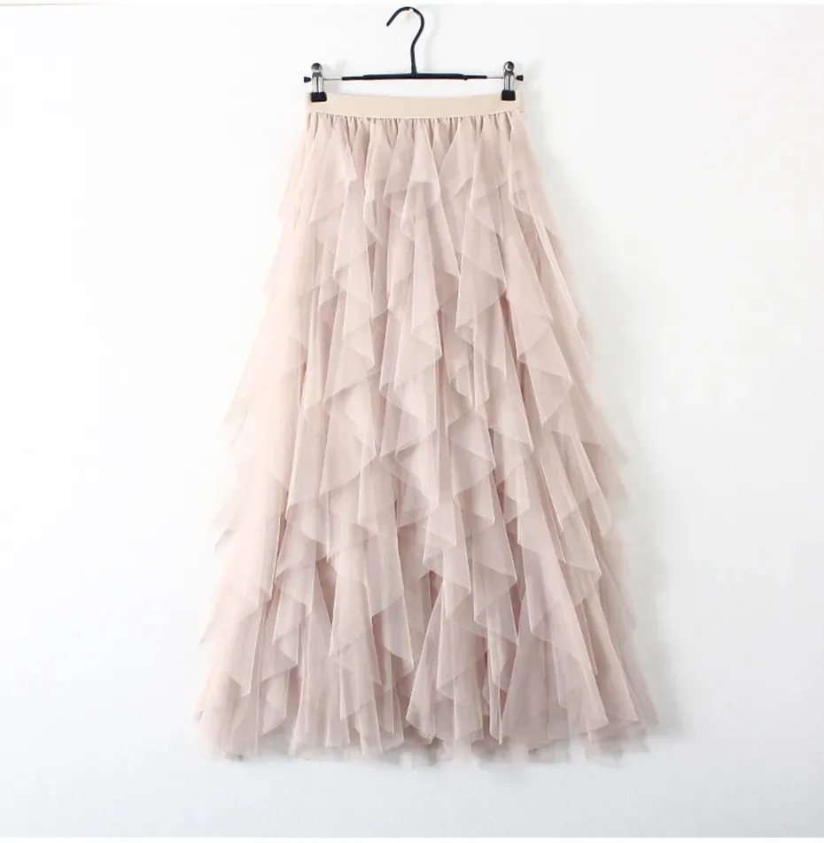Jupe longue plissée élastique taille haute en tulle et gaze irrégulière pour femme, nouvelle collection printemps-été, coupe trapèze longue