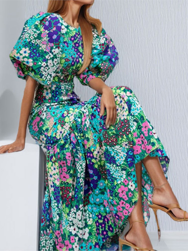Robe imprimée à la mode pour femmes, décontractée, col rond, manches bouffantes, taille haute, vêtements de fête élégants, nouvelle collection été