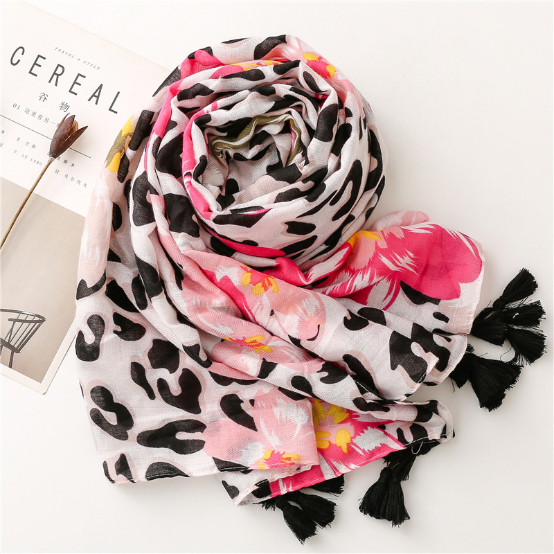 Mode femmes printemps automne Viscose écharpe châle belle léopard Floral gland Pashmina étole enveloppement Echarpe Foulards musulman Hijab