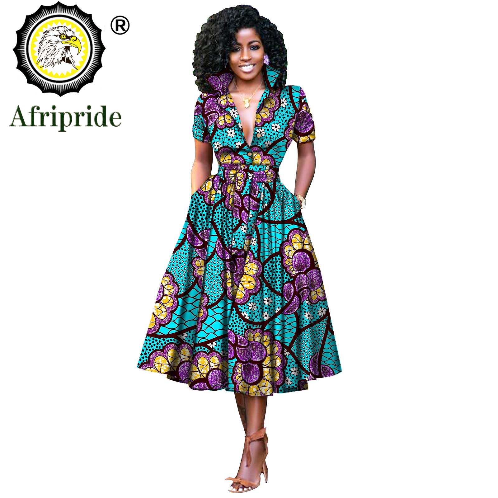 Robes africaines pour femmes, manches courtes, col en v, taille haute, tissu Ankara imprimé, robe formelle en pur coton, Bazin Riche, S 2025072