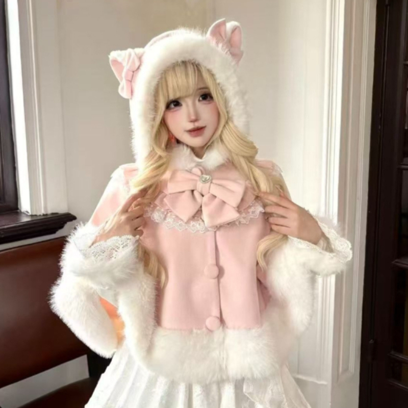 Ponchos à volants et nœuds japonais pour femmes, style Lolita, doux et kawaii, capes, manteaux vintage, vêtements d'extérieur chauds et confortables pour l'automne et l'hiver.