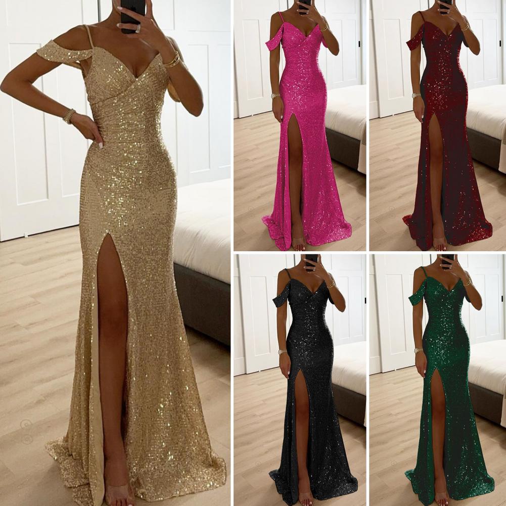 Robe à bretelles à paillettes pour femmes, Sexy, paillettes brillantes, épaules dénudées, col en V, fente latérale, robe de bal, robe de soirée de mariage, Maxi