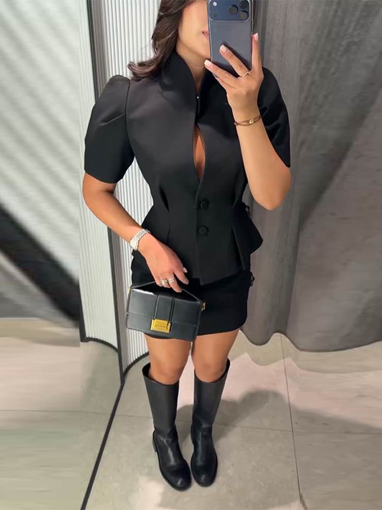 Manteau élégant à volants pour femme, manches courtes, col en V évidé, vestes féminines, nouvelle collection été 2026, manteau cintré pour femme de bureau