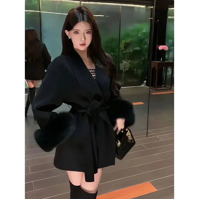 Manteau Cape en Tweed polyvalent pour femmes, modèles de ceinture, mélange de fourrure de renard artificielle très réaliste, nouvelle collection automne et hiver