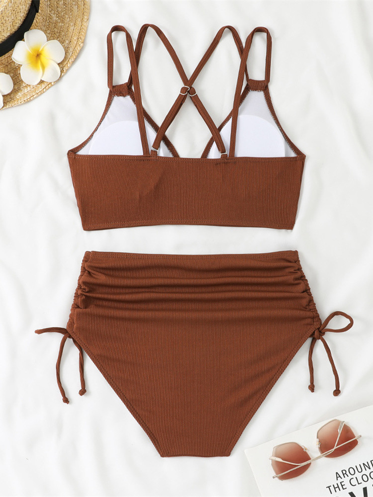 Maillot de bain deux pièces pour femme noir à double bretelle, push-up, plissé, avec cordon de serrage latéral, taille haute, bikini 2026, tenue de plage
