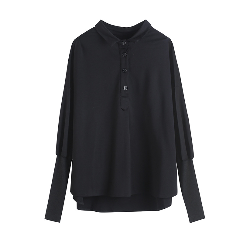 T-shirt noir à manches longues et col à revers pour femme, coupe ample, style décontracté vintage, hauts tendance, vêtements de mode printemps automne 2026