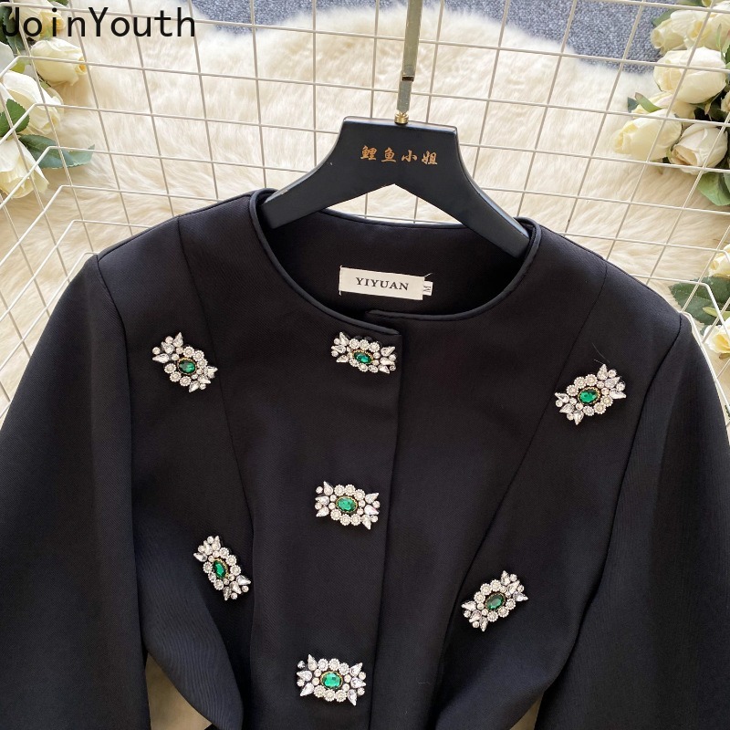 Vêtements pour femmes tempérament vestes diamant lourd col rond lanterne manches manteaux hauts 2025 Ropa Mujer taille mince Chic vêtements d'extérieur