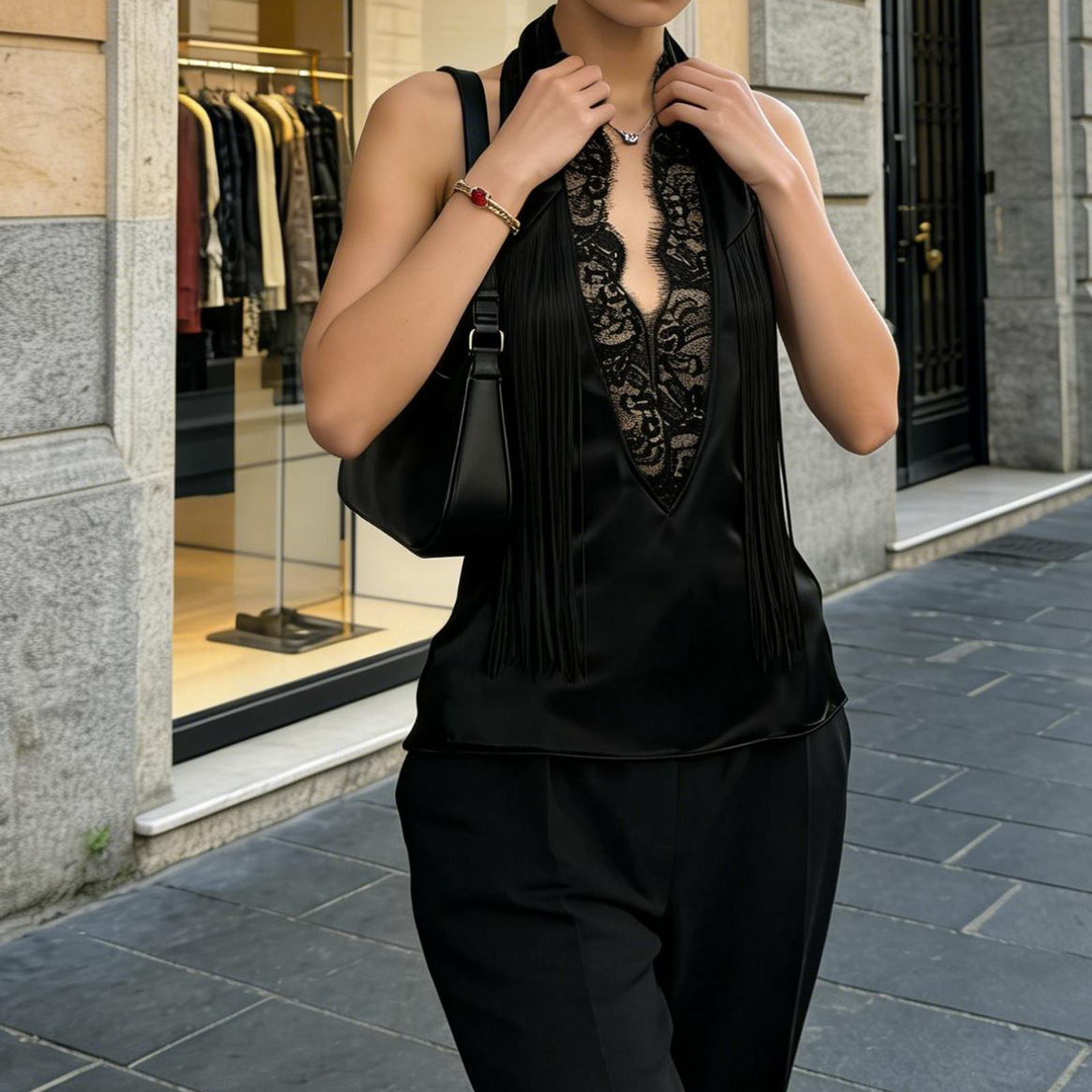Combhasaki Débardeur Femme en Soie Satinée Y2K, Col Halter en V, Dos Nu, Bordure en Dentelle Florale, Patchwork, Ourlet à Franges, Style Foulard, Été