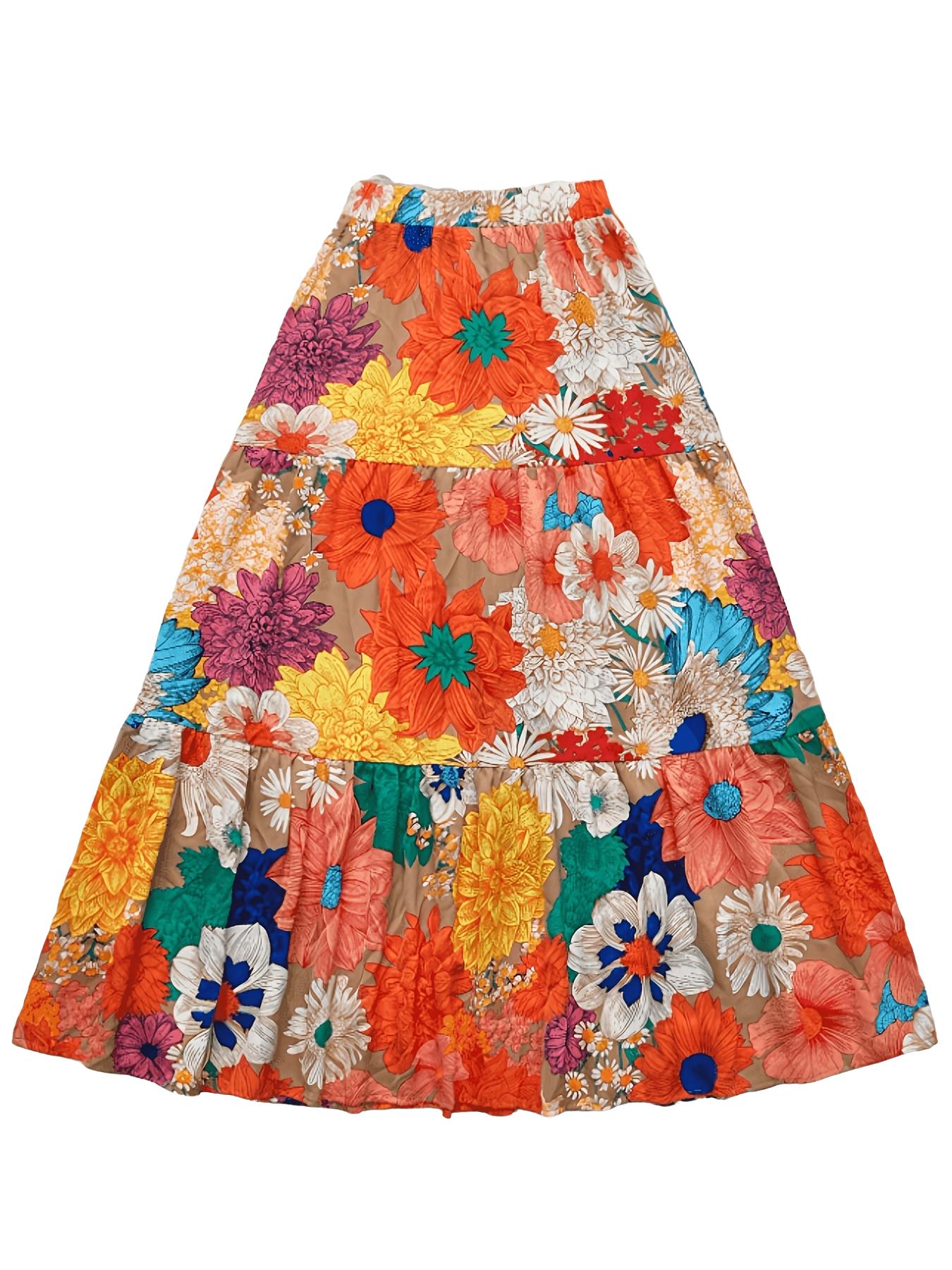 Ensemble 2 pièces pour femme à imprimé floral vibrant, avec haut court à nœud sur l'épaule et jupe longue à volants, idéal pour les vacances à la plage et les soirées estivales