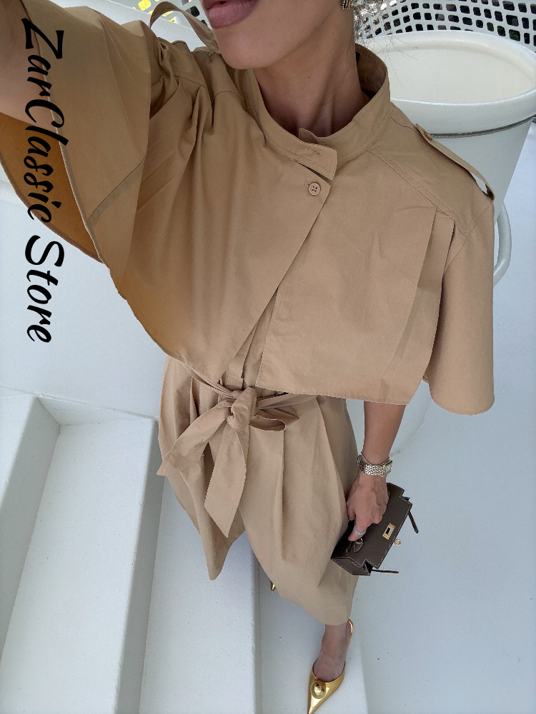 Robe élégante pour femme avec châle, col montant, taille nouée, sans manches, longue, couleur kaki, nouvelle robe décontractée d'été pour le street style 2026