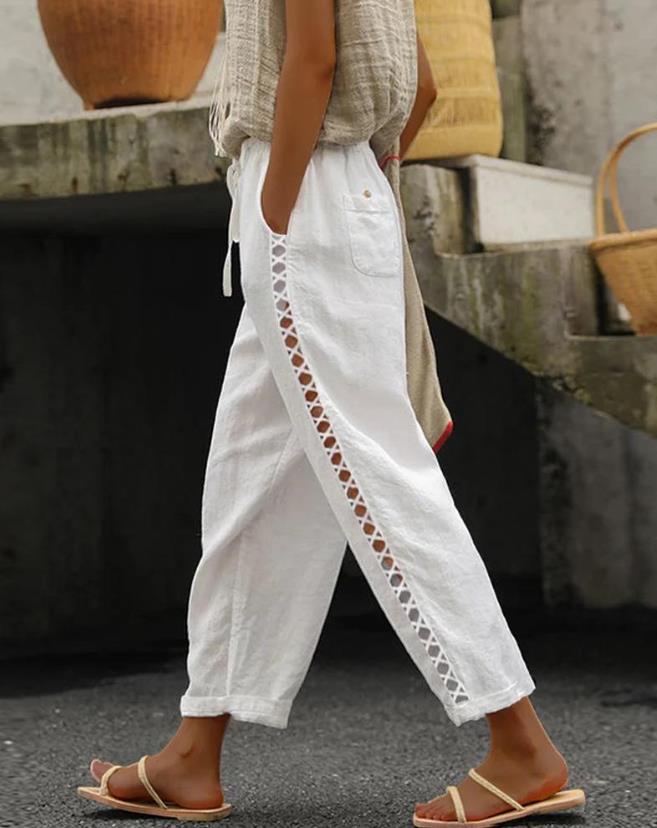 Pantalon en dentelle évidée pour femme, poche plaquée, design décontracté, uni, pantalon de vacances long, Y2K Streetwear, mode printemps, 2023